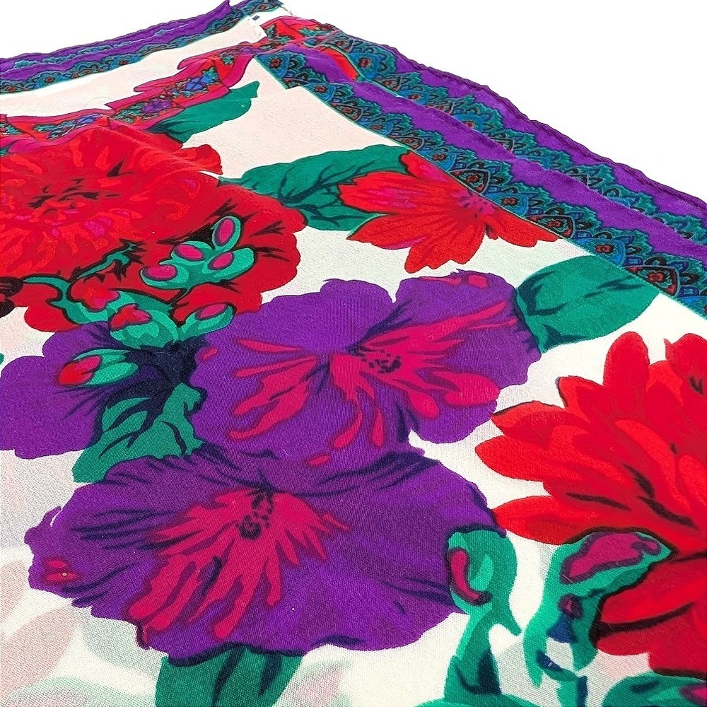 Rare Liz‎ Claiborne Vintage Floral Silk Scarf Red Purple White Paisley Border - Picture 5 of 7